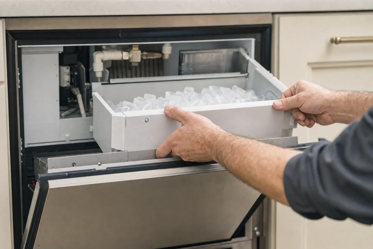Hands lifting an ice storage bin full of cubes out of an undercounter ice maker, the evaporator plate and water valve visible in the bay behind