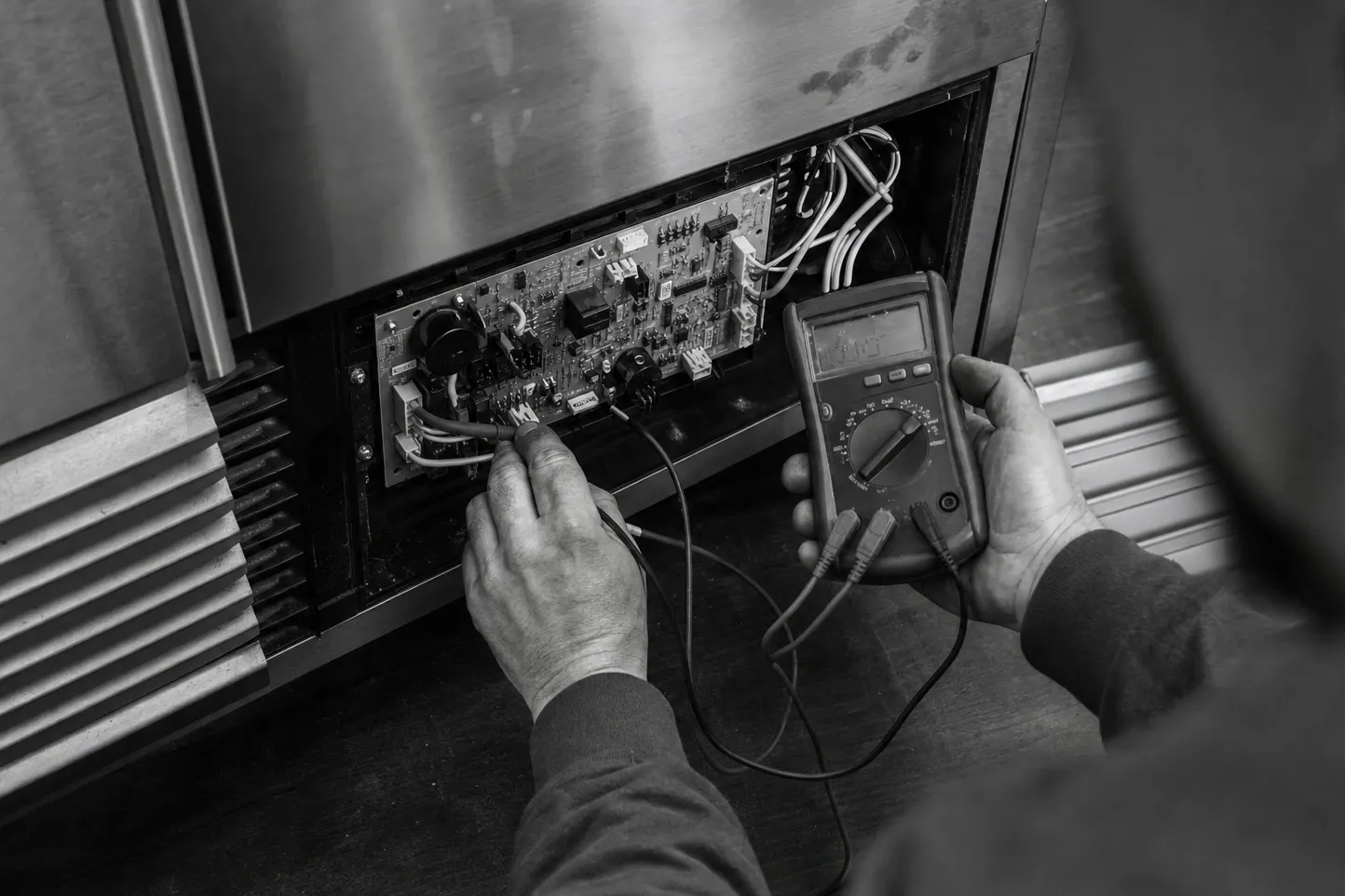 Black-and-white close-up of hands probing an exposed control board behind the lower panel of a stainless unit, multimeter in the other hand